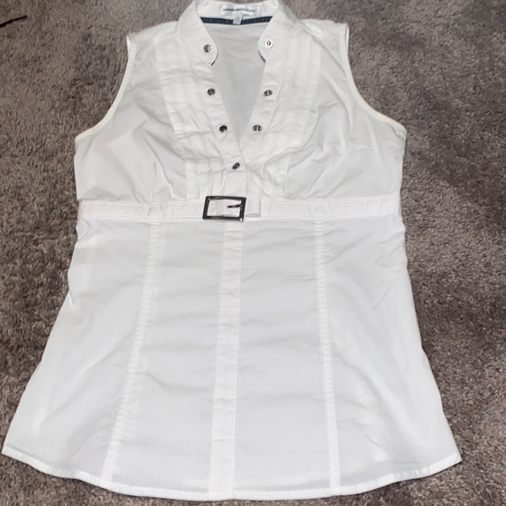Sleeveless Ruffle-Front White Women’s Top with Belt